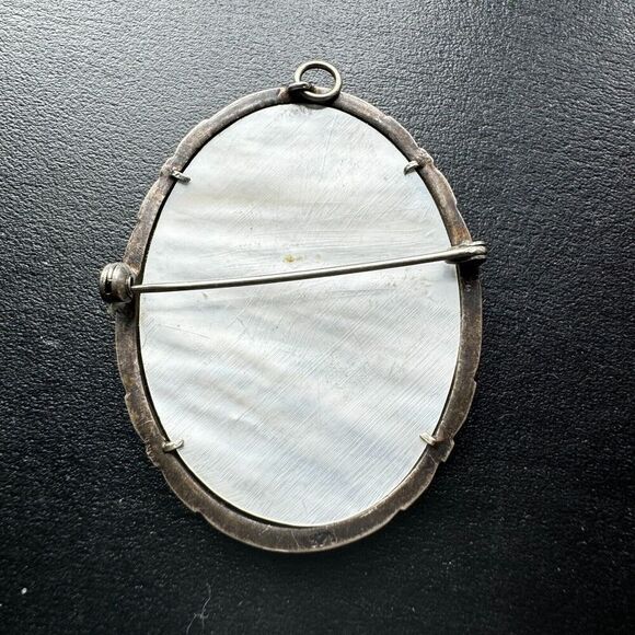 VTG Carved Abalone Shell Marcasite Woman Cameo Sterling Silver Pendant Brooch - Picture 6 of 7